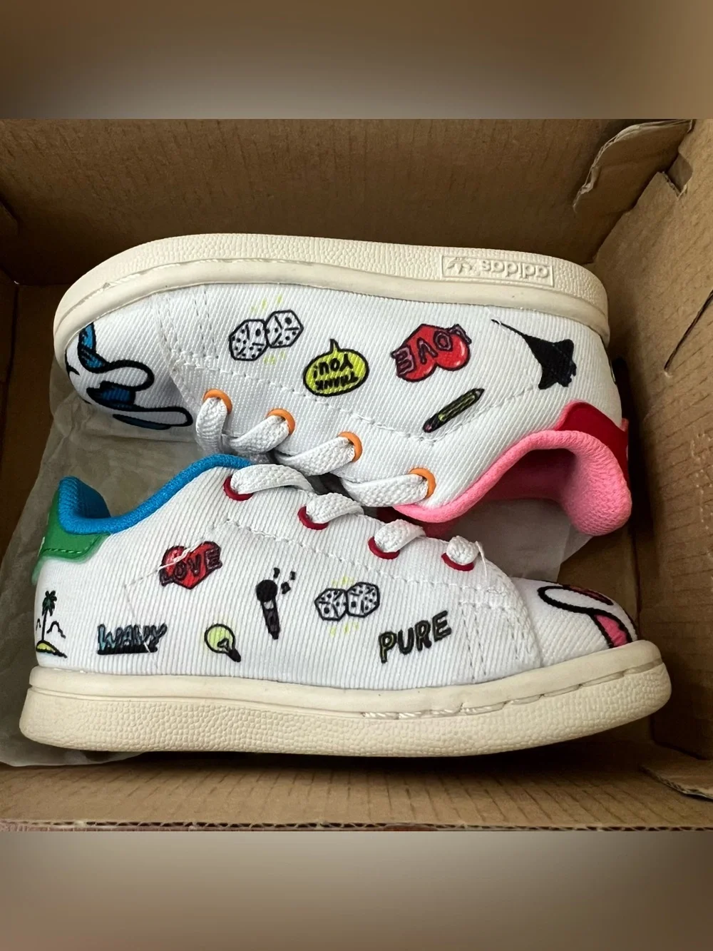 adidas baby White Canvas Sneakers with Pink, Blue, Yellow and Red Accents